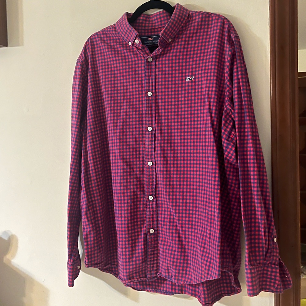 Vineyard Vines Red Blue Gingham Whale Shirt 100% Cotton Classic Button Down